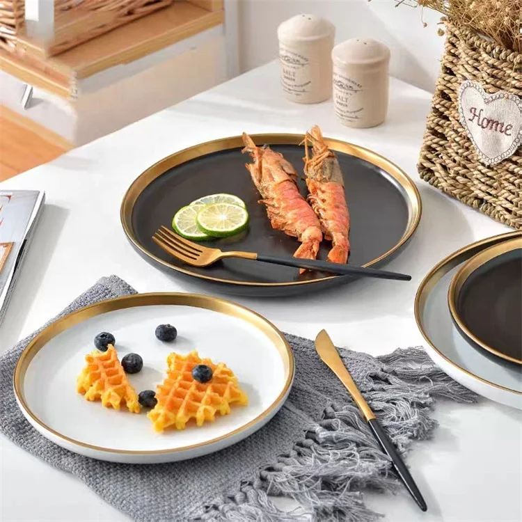Ceramic round black and white gold rim dinner plate wedding charger plates