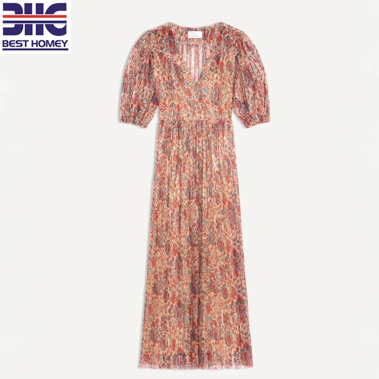 High end silk Bohemian half sleeve V neck empire waist floral printed chiffon maxi dress for beach wear