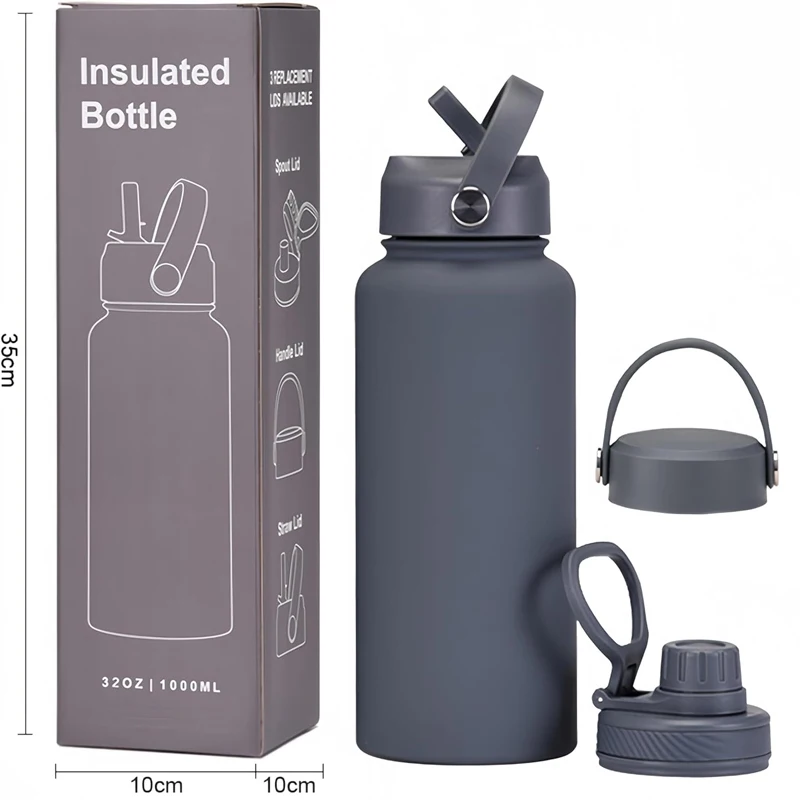 1L Insulated Water Bottle With Flip Straw 32OZ Stainless Steel Sports Water Cup Flask with 3 Lids Wide Mouth Travel Thermal Mug