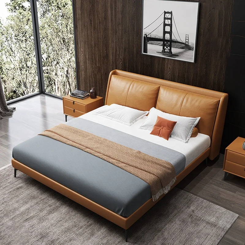 Современная роскошная кожаная двуспальная кровать в итальянском стиле мебель для спальни из массива дерева двуспальная кровать