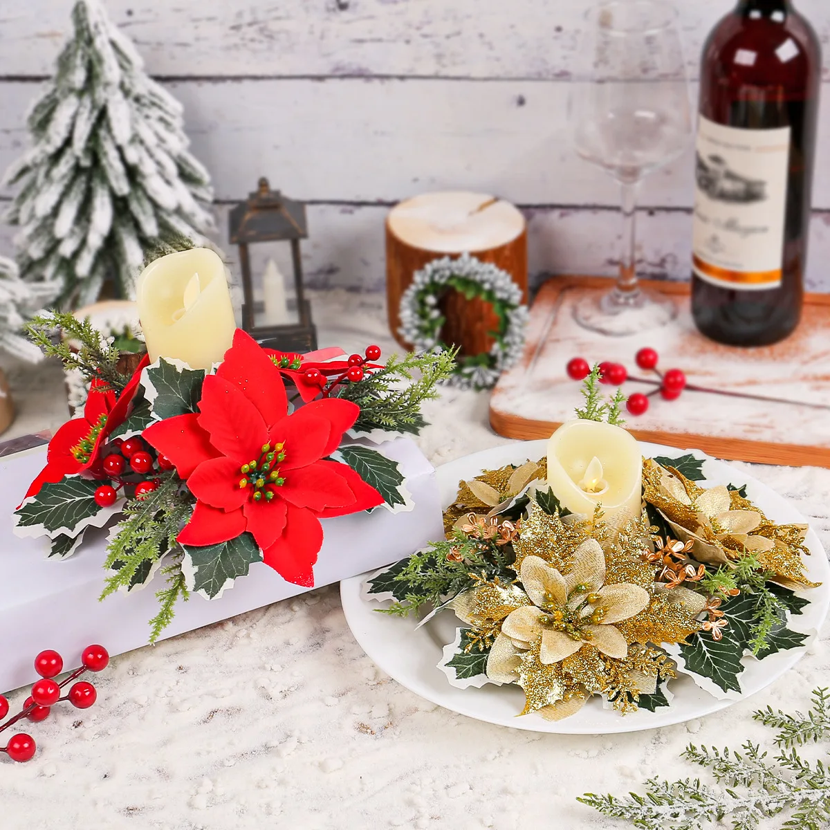 Christmas flower candlestick ornaments Christmas table atmosphere layout props decorations candle wreath