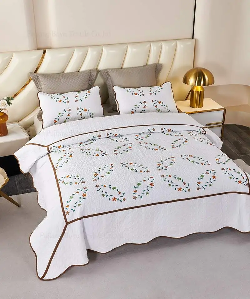 Embroidery Style Polyester Microfiber Material Flower Pattern  Bedding Good Quality  3pcs Bedspread Set Use At Home