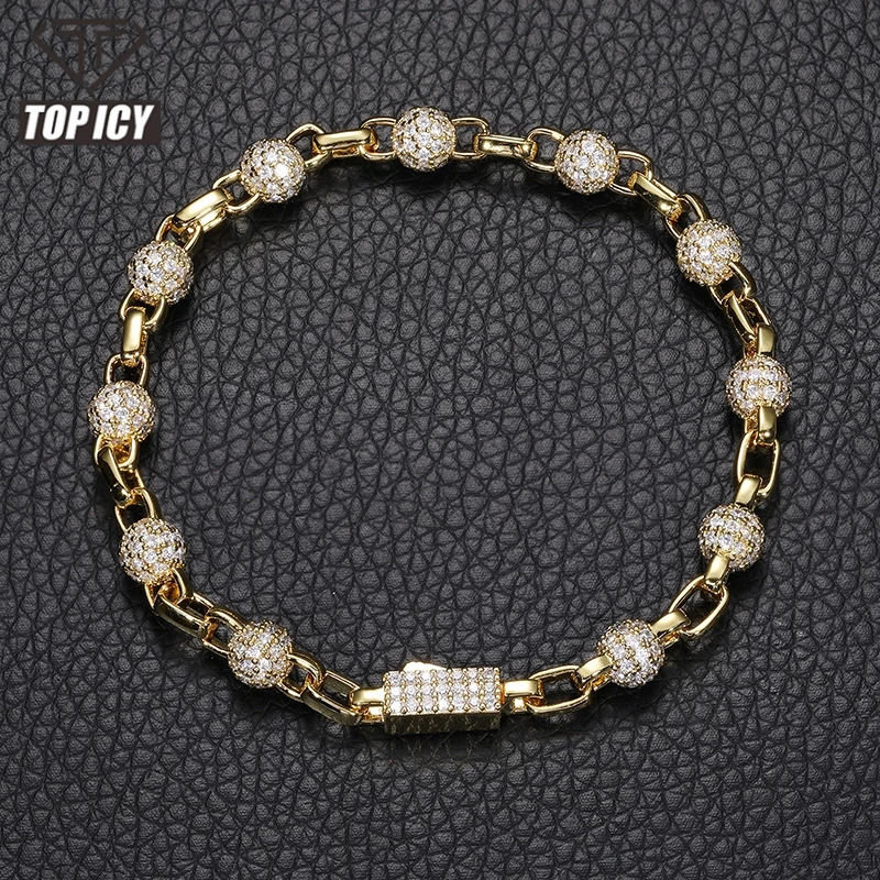Iced Out Beaded Bracelet 18K Gold Plated 5A CZ Shiny 6mm Ball Chain Hip Hop Jewelry for Men Bracelet Men