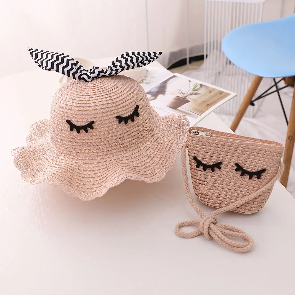 Embroidery Beach Straw Bag Bucket Hat Set For Girls Kids Sun Protection Wide Brim Summer Hat with Striped Bow For Children