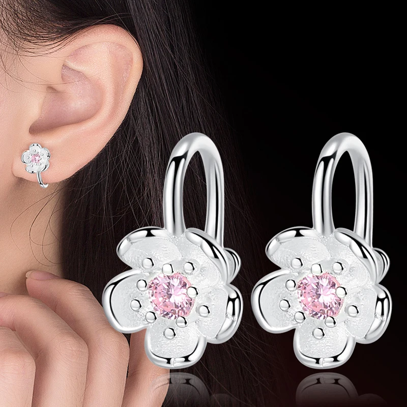 New Elegant Flower Shape Crystal CZ Clip on Earrings Without Piercing Temperament Cherry Blossoms Ear Cuff Cute No Hole Jewelry