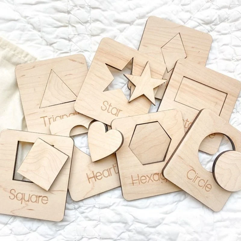 Set of 8 Shapes Wooden Shapes Flash Cards Modern Montessori Names on Sturdy Wood Cards