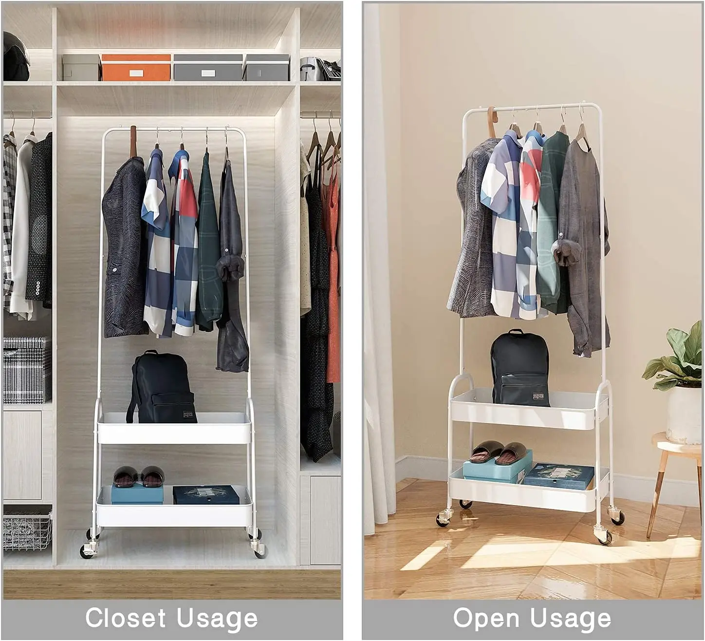 Metal Coat Stand Clothes Rail with Wheels Bedroom Clothes Rack Freestanding Shelf Trolley with 2 Tier Storage Shelf