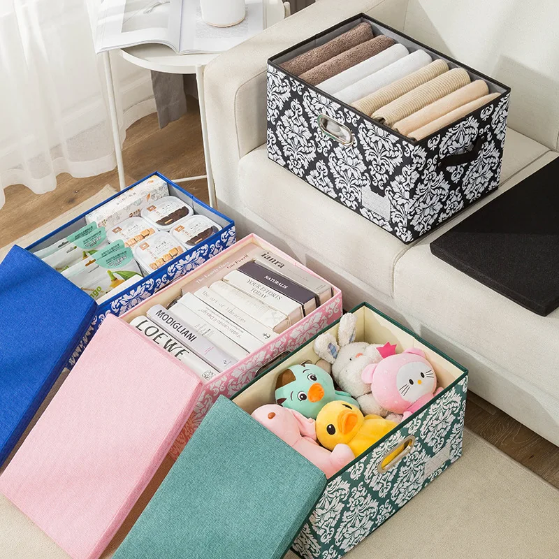 Multi-Size Washable Printed Fabric Foldable Storage Bins Box Folding Cloth Organizer Collapsible Storage Box with Cover