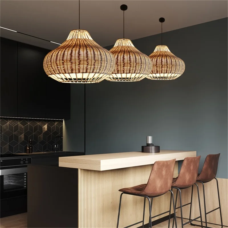 Modern Hanging Pendant Lamp LED Fixtures Lighting Decorative for Home Cafe Rattan Art Chandelier Light