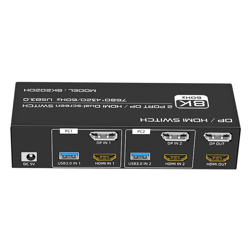 FJ-8K202DH FJGEAR Plug and play 2 Port 2 in 1 out DP/HDMI Dual-screen KVM Switch support USB 3.0 version 7680*4320/60Hz