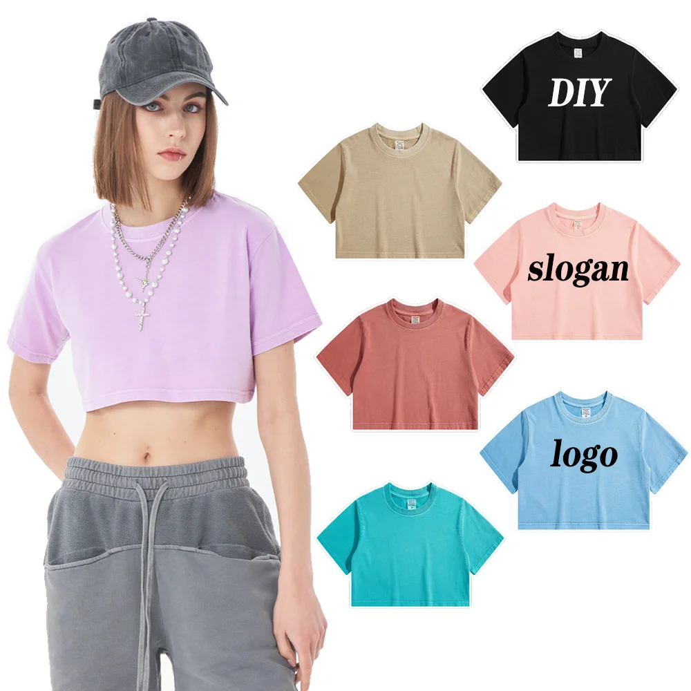 Wholesale Spring Summer Old Washed Vintage 220 Gsm 100% Cotton Blank Top Women Tees Cropped Plain T Shirt Top For Ladies