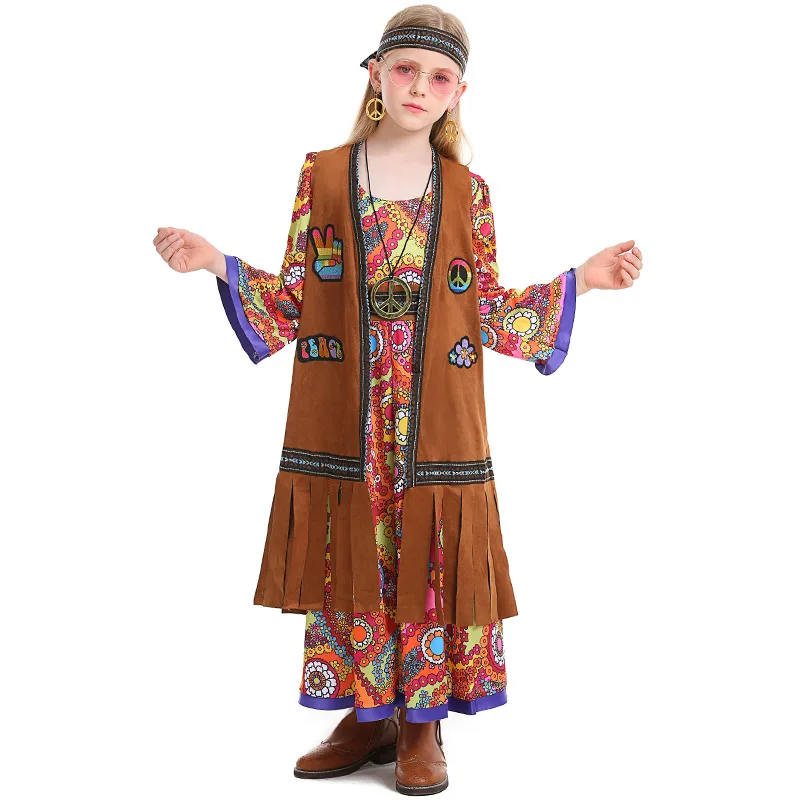 Children Girls Retro 70s Hippie Disco Singer Dancer Primitive Tribe Floral Dress Vest Set Halloween Cosplay Costumes Outfit