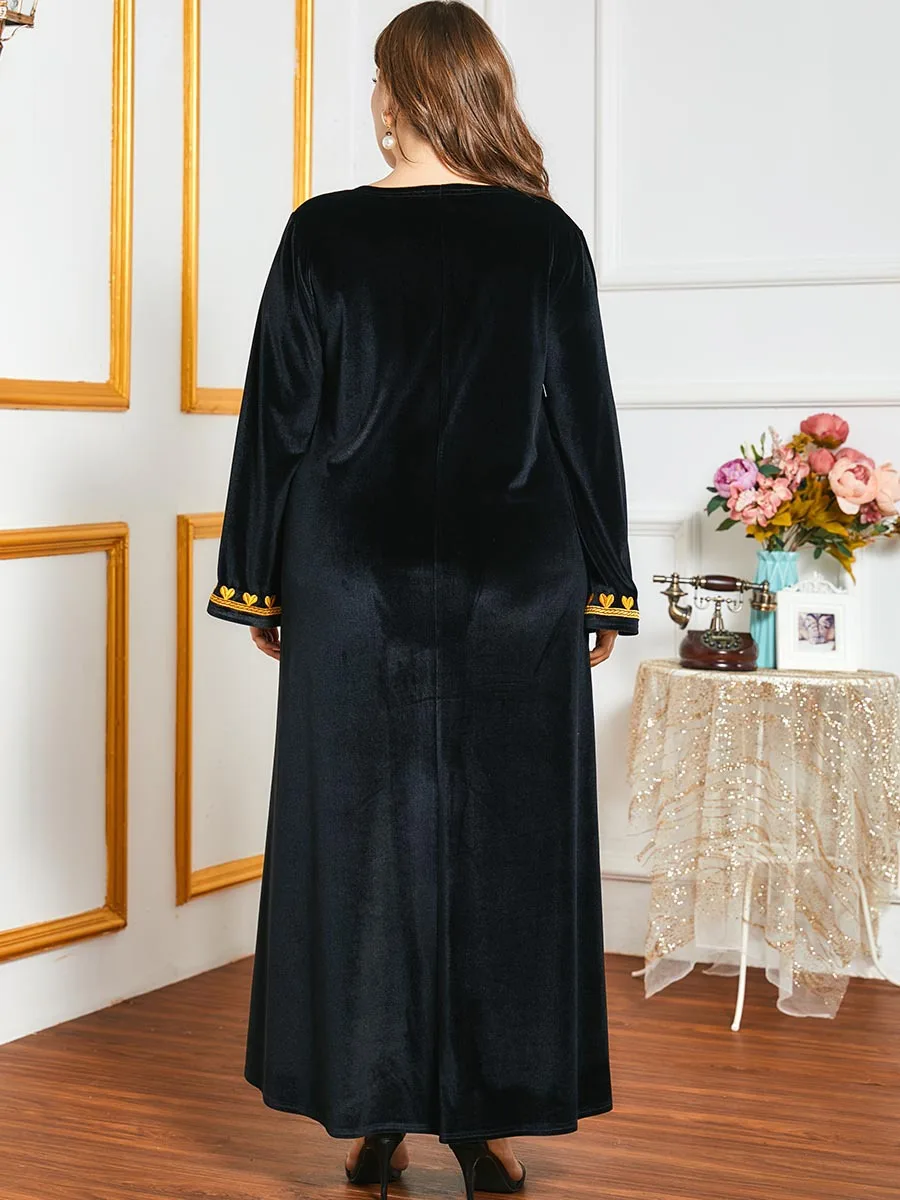 High Quality Abaya Flower Velvet Gold Thread Embroidery Muslim Dress Autumn Winter Abaya Dubai Black