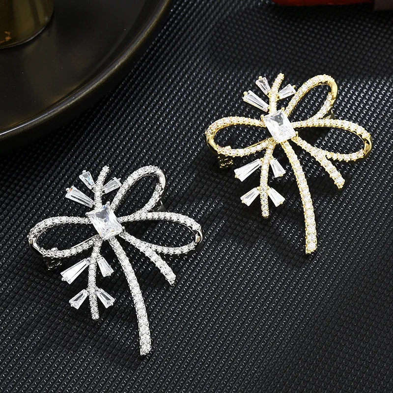 luxury fashion fine jewelry 925 Sterling silver 18K Real Gold Plated Zircon Bow Ribbon brooches for women
