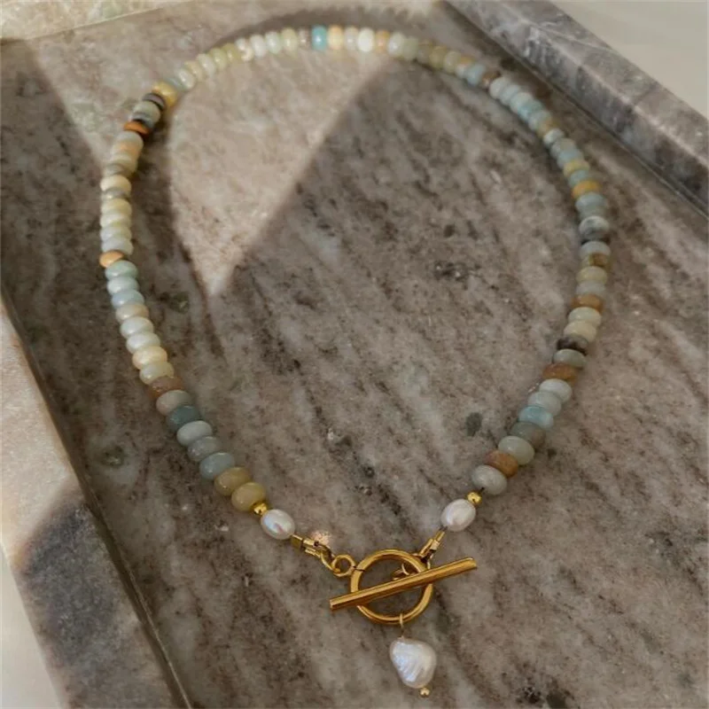 New Freshwater Pearl Pendant Necklace Natural Stone Necklace Stainless Steel Beads Necklace OT Buckle Waterproof Jewelry
