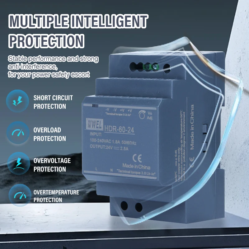 Overload Protection MWEL HDR-30-24 30W 24V 1.3A Power Monitoring Din rail 24v power supply