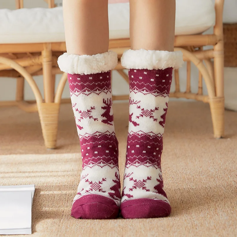 Womens Winter Thick Knit Sherpa Fleece Lined Thermal Fuzzy Slipper Socks With Grippers Christmas Fluffy Cabin Socks