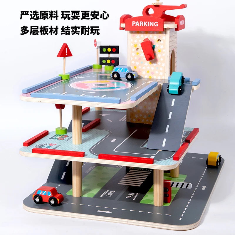 2023 Wooden montessori Race Track Car ramp Garage parking Play set Toy for Toddler Age 2-4 Year Old Boy