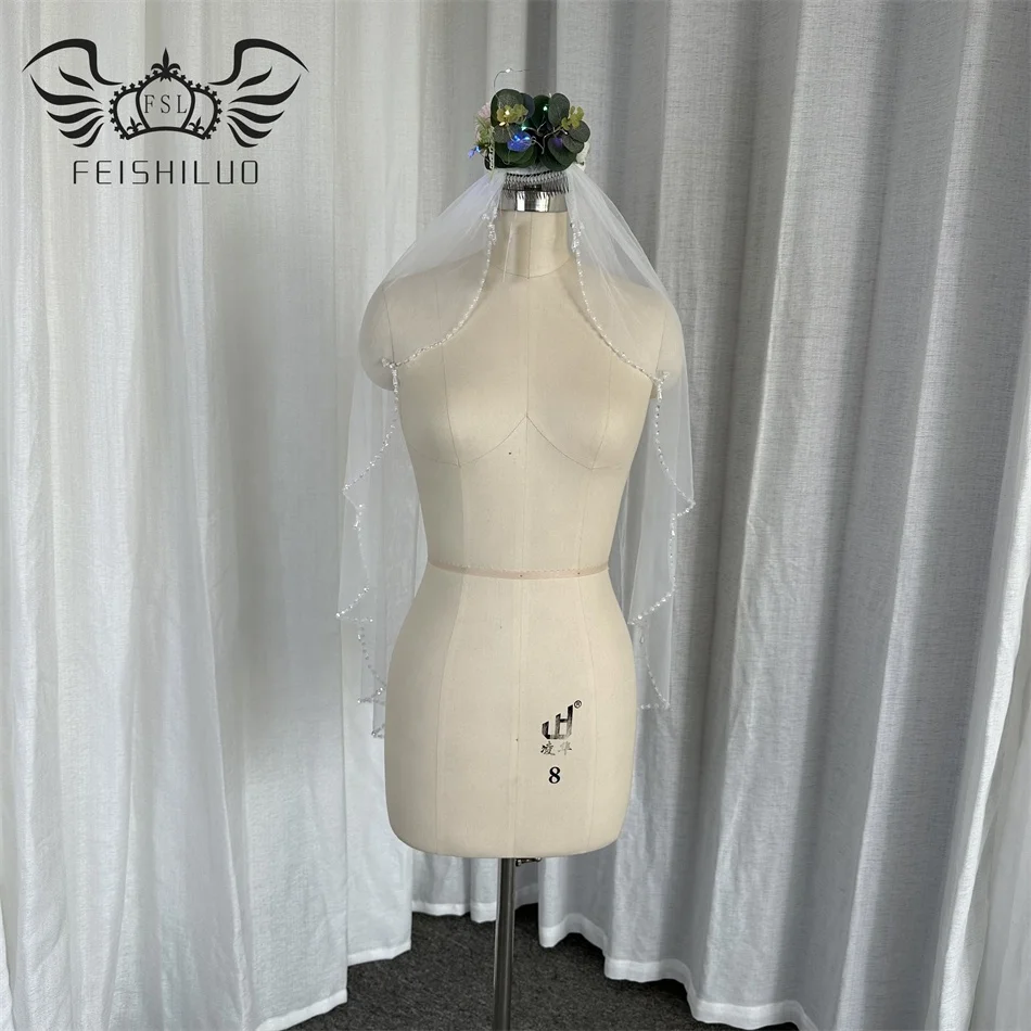 Feishiluo Wholesale  Luxury Short Crystal  Bead  Edge Wedding Veils One Layer   Pear Bridal Veil For Women Veil  With Comb