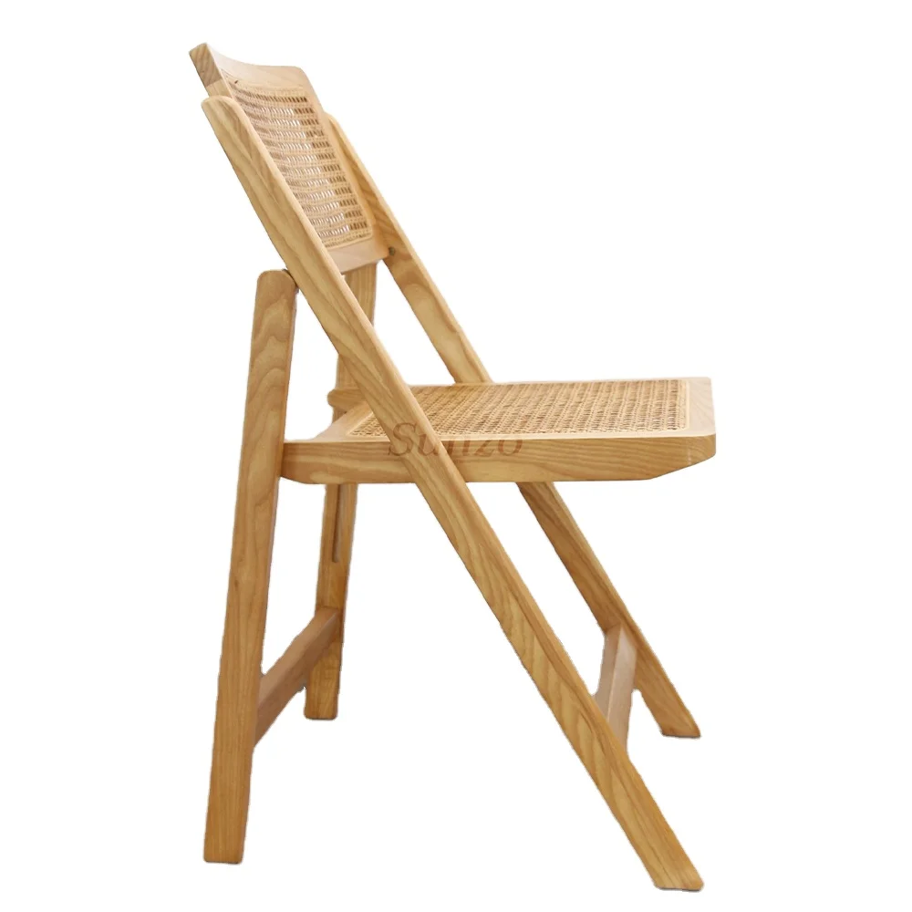 Ash Wood Foldable rattan movable dining chair A portable space-saving chair