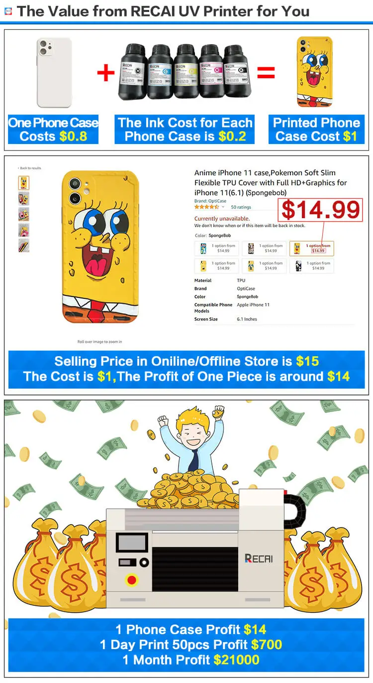 UV Printer Available In All Sizes RECAI A3/A4 1440DPI LED UV Flatbed Printer Wood Bottle PVC Canvas Ball Phone Case UV Printer