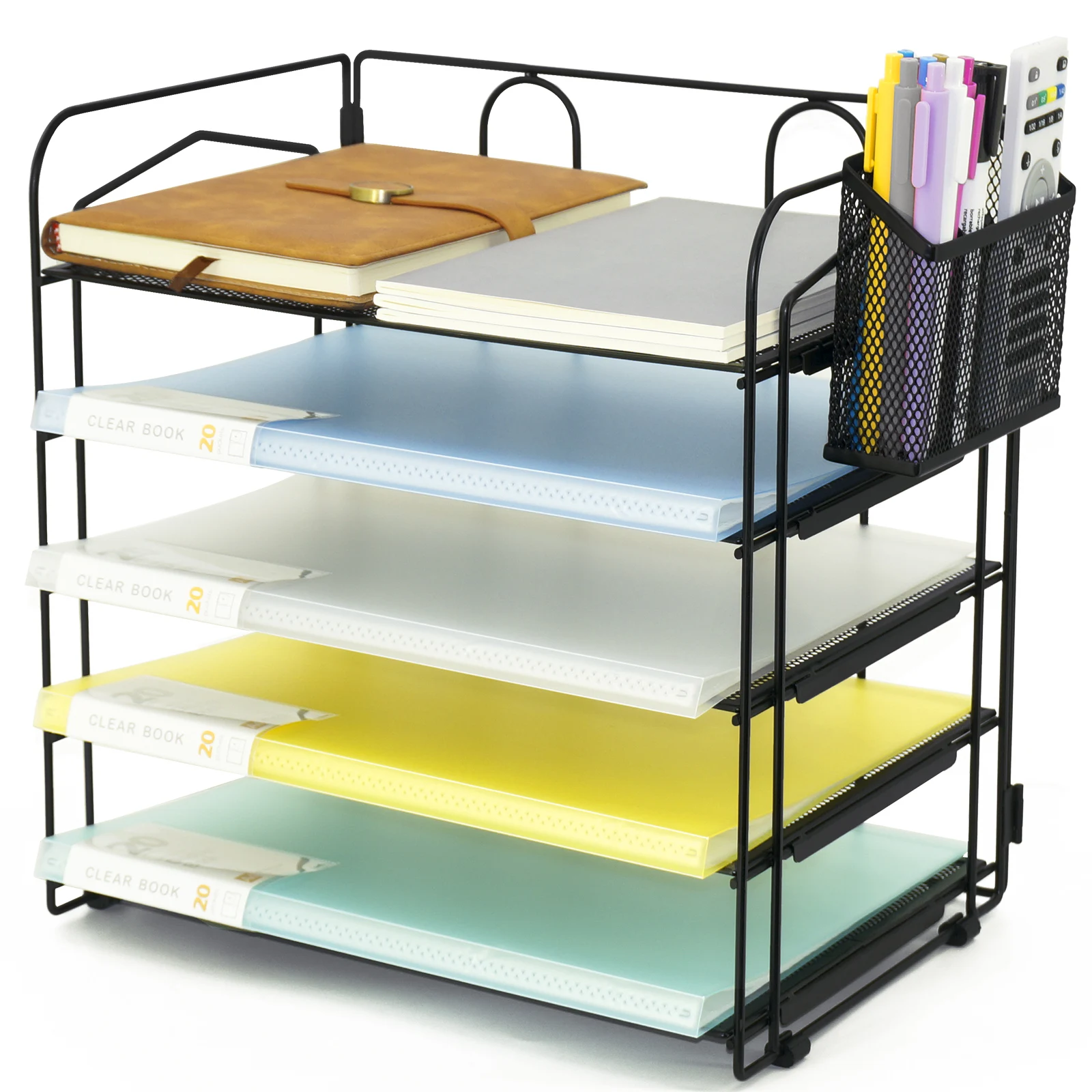 Metal 5  Tier Paper  Letter Tray  Organizer with Pen Holder and Extra pack 6 Colored Plastic  File folders,Desk Organizer Black
