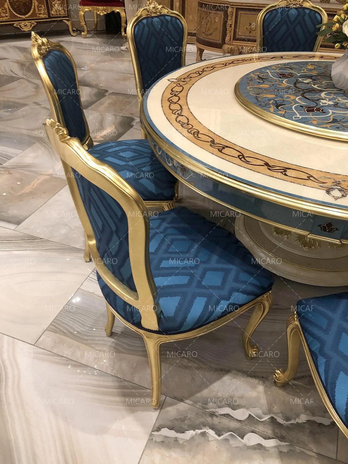 Luxury antique Italian style  solid wood marquetry 8 seater european round dining table with rotating centre