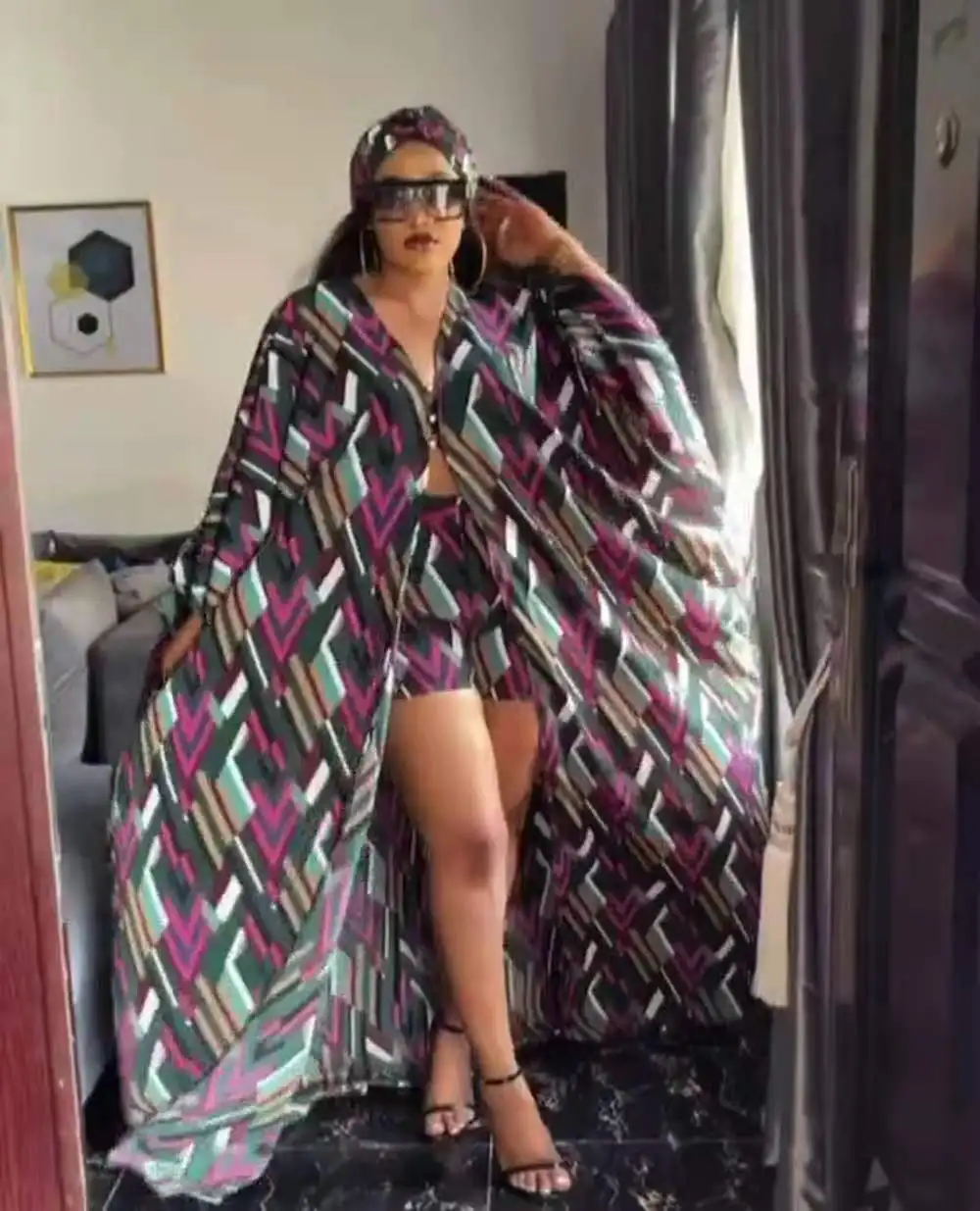 J&H fashion printed split maxi dress and shorts chiffon 2 piece set women summer outfits