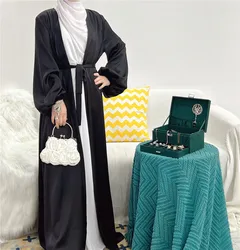 2022 muslim women dress Puff Sleeve Cardigan  Long Sleeve Fancy Drawstring Monochrome Silk Robe