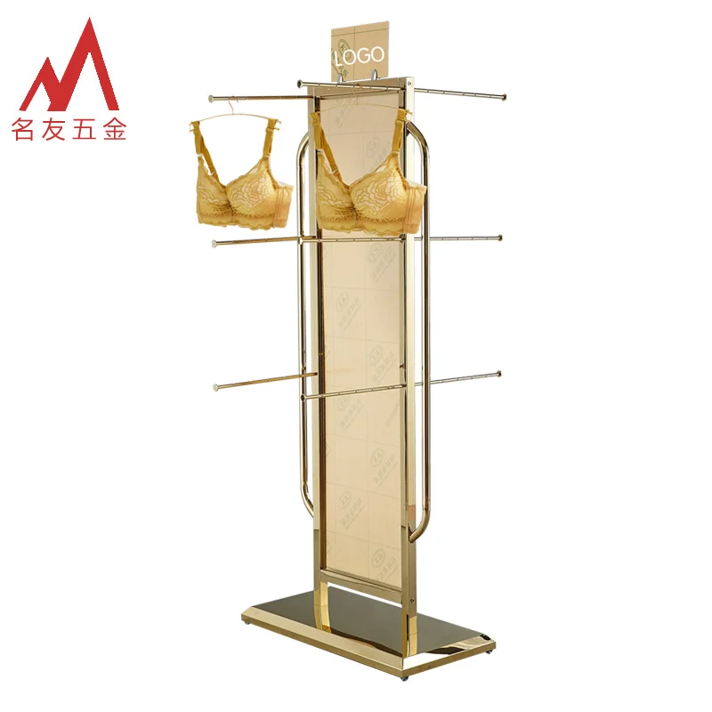Factory direct luxury golden floor standing metal hanging clothes lingerie store display furniture for shop decoration
