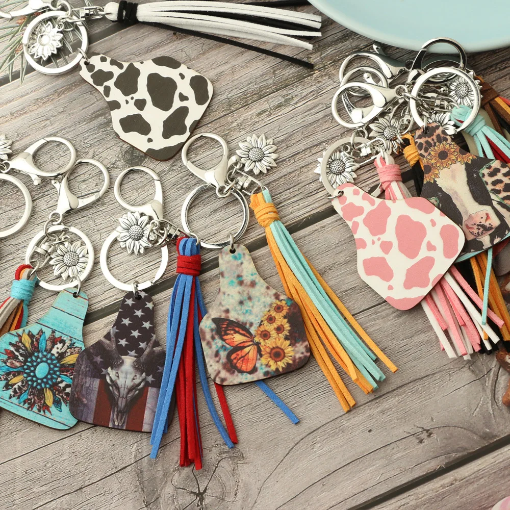 Western Vintage Long Tassel Sunflower Pendant Key Ring Cowboy Bull Head Dairy Cattle Print Cow Brand Wooden Keychain
