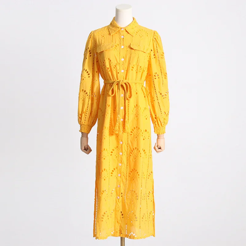 2023 Spring New Short-Sleeved French Retro Lapel Hollow Jacquard Waist Slimming Temperament Dress Women