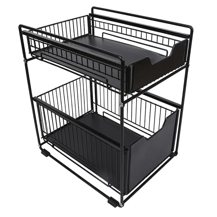 DTK retractable steel shelf 2-tier under sink cabinet sliding basket organizer