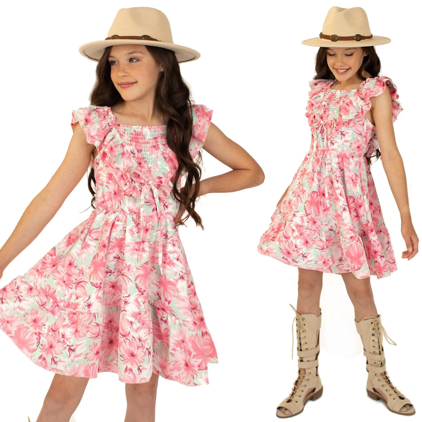 Custom Wholesale Big Kids Wear Vendor Designers Summer Children Girl Clothing Kids Clothes Flower Girls Dress With Floral Print