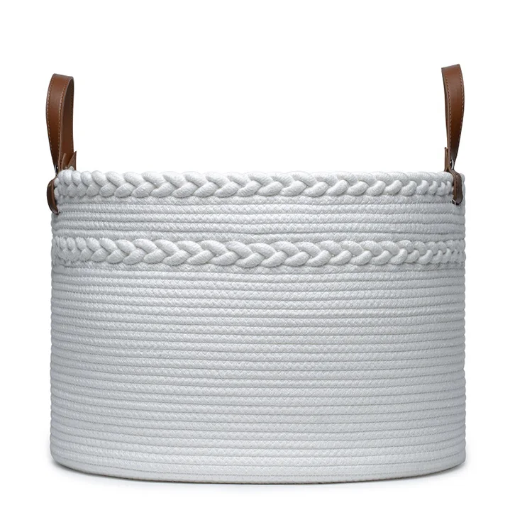 White Braid Durable  Cotton Rope Storage Basket with Dividers Leather Handle