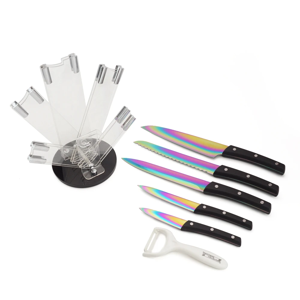 6-Pieces Kitchen Knife Set With Rainbow-Finished Titanium Coating Blade Pack In A Acrylic Block