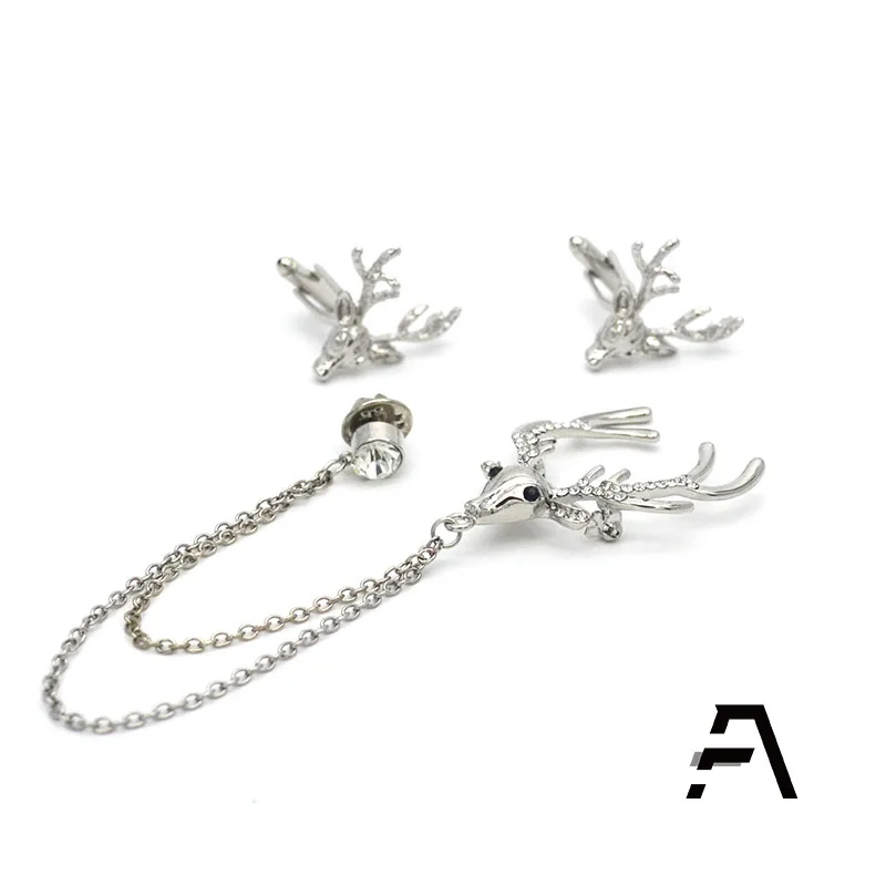 Sterling Silver Deer Head Rhinestone Crystal Men Shirt Chain Brooch Pin