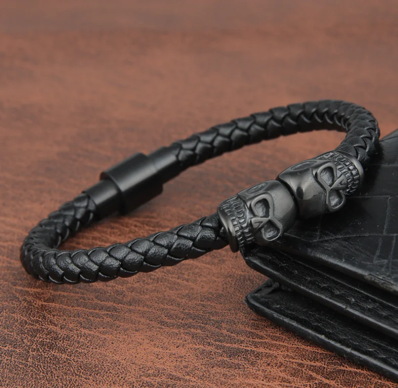 ALL BLACK BRAIDED LEATHER CORD SKULL BRACELET