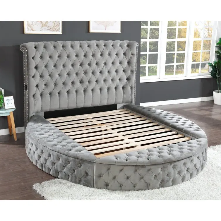 American Style Bedroom Furniture Light Luxury Velvet round Double Design King Size round Bed