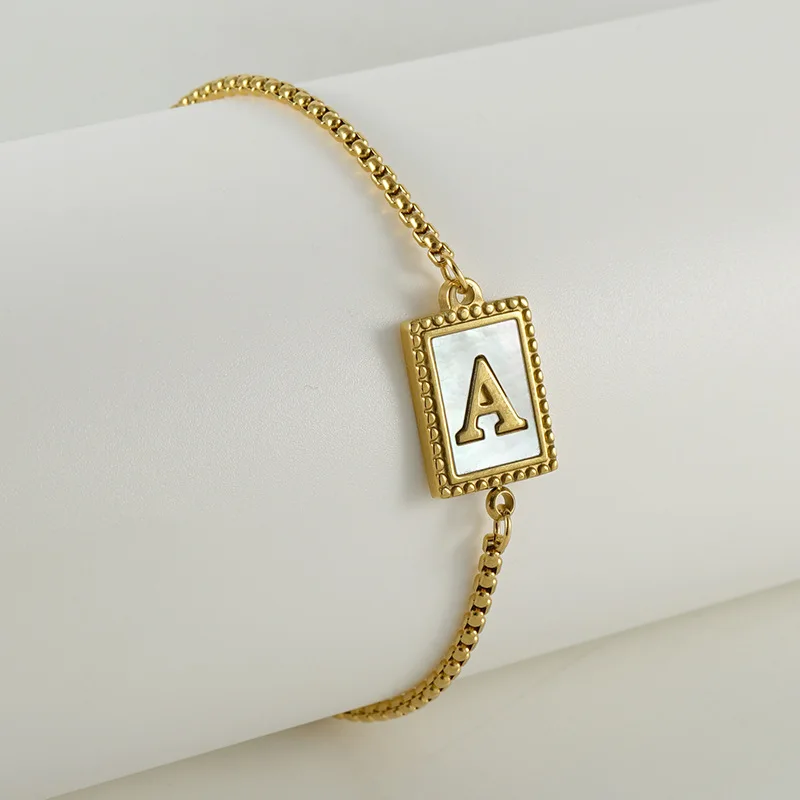 Stainless Steel 18 K Gold Plate Letter bracelet White Shell A-Z 26 Alphabets Rectangular Pendant Initial Sliding Bracelet