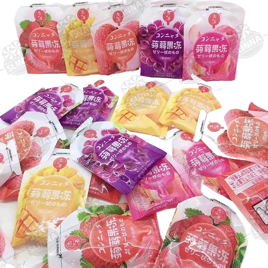Wholesale Halal Mix flavors Low-Fat Sweet Taste Konjac Jelly Fruit Pudding Liquid Candy Stick-Shaped Snack Kids Bulk bags