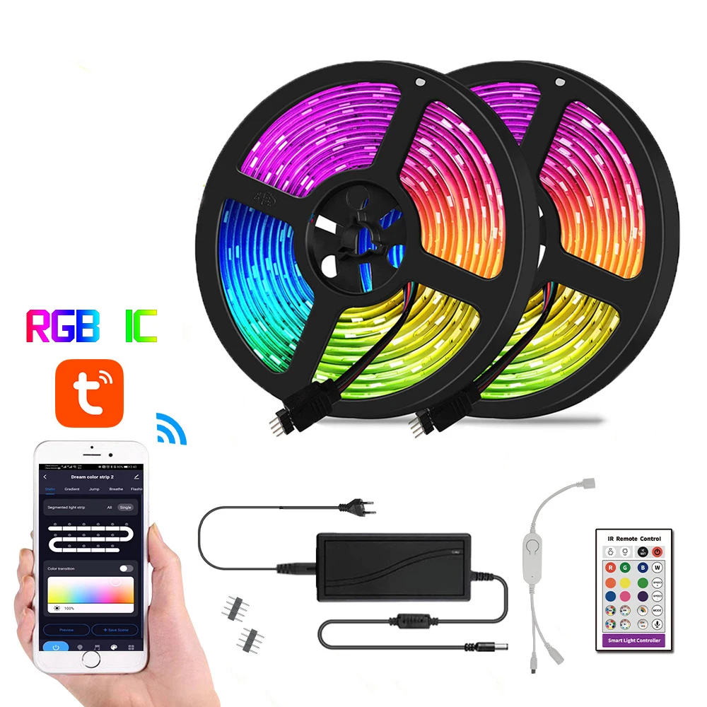 Weicao Tuya Wifi RGBIC 12V 5050 Addressable LED Strip Lights 60LED 20Pixels 24Key Waterproof 20 Meter Light Strips Kit