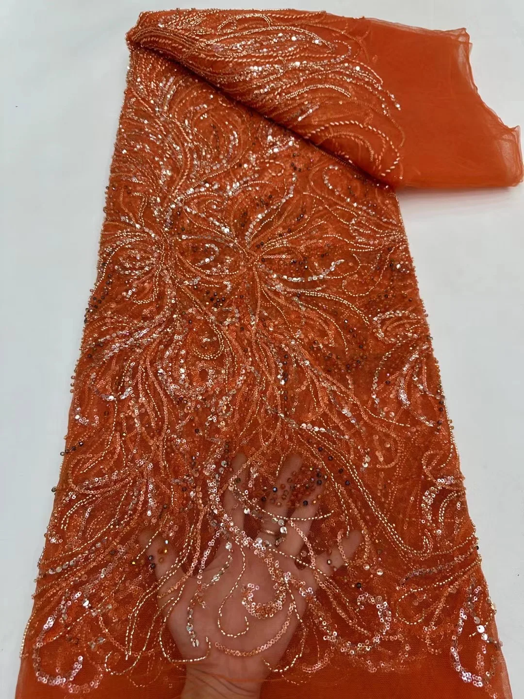 NI.AI Wedding Beaded Net Lace Fabric Embroidered Bridal Shiny Sequin Handmade Lace Fabric With Pearl