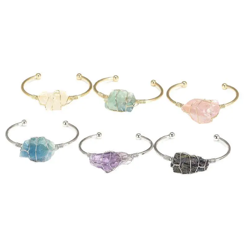 Wollet Personality Fashion Women Natural Powder Crystal Bangle Raw Stone Copper Wire Bracelet