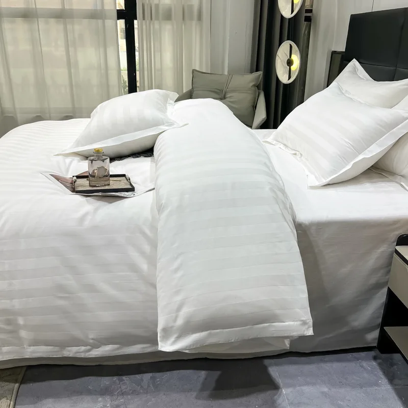 luxury hotel linen supplies Polyester/Cotton size design 5 star bed linen set for white striped hotel bed hotel quality linens