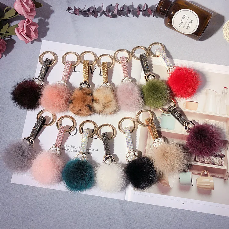 Hot Sales New Korean Diamond Mink Ball Leather Long Tassel Car Bag Keychain (KC159C)