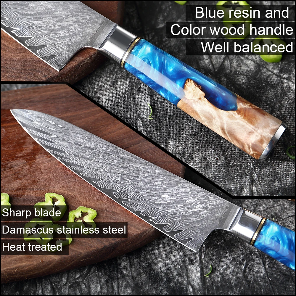 XITUO Damascus Steel Knife Chef Cooking VG10 67Layers Japanese Kitchen Knives Damascus Knife Set Blue Resin Handle
