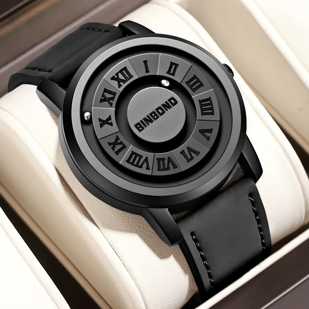 BINBOND B234 New Concept Personalized Creativity Quartz Watches Magnetic Suspension Waterproof Leather Band Wristwatch