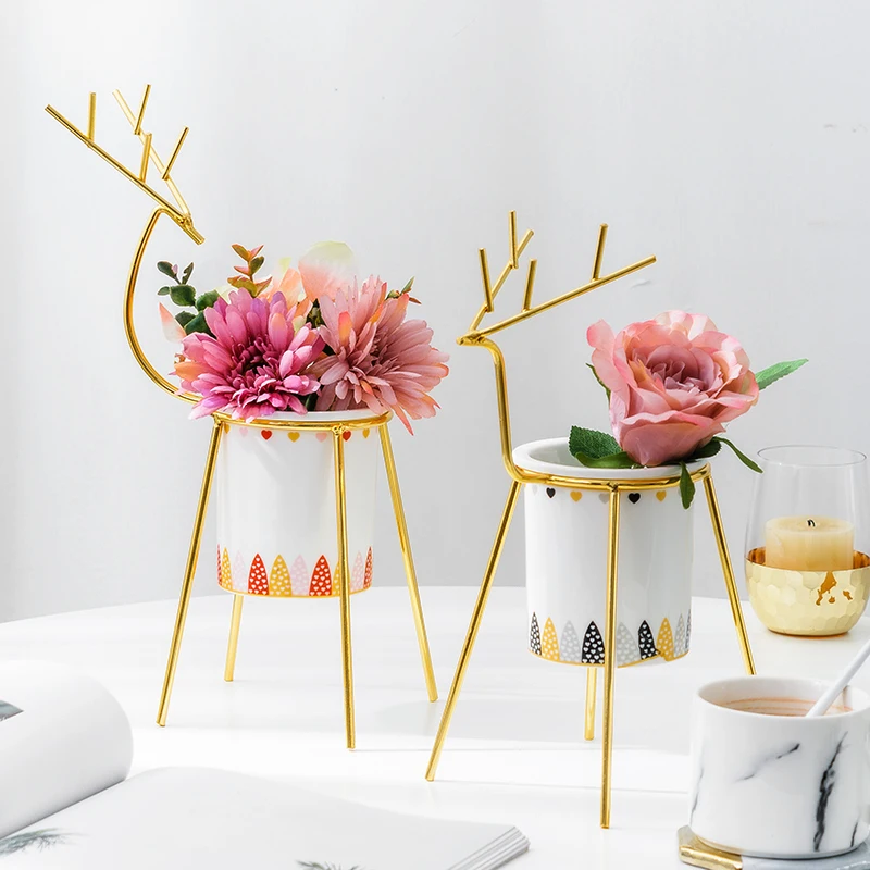 Wholesale  Indoor Ceramic Succulent pots planter with Golden Metal Deer Stand, Ceramic Cactus Planter Pot