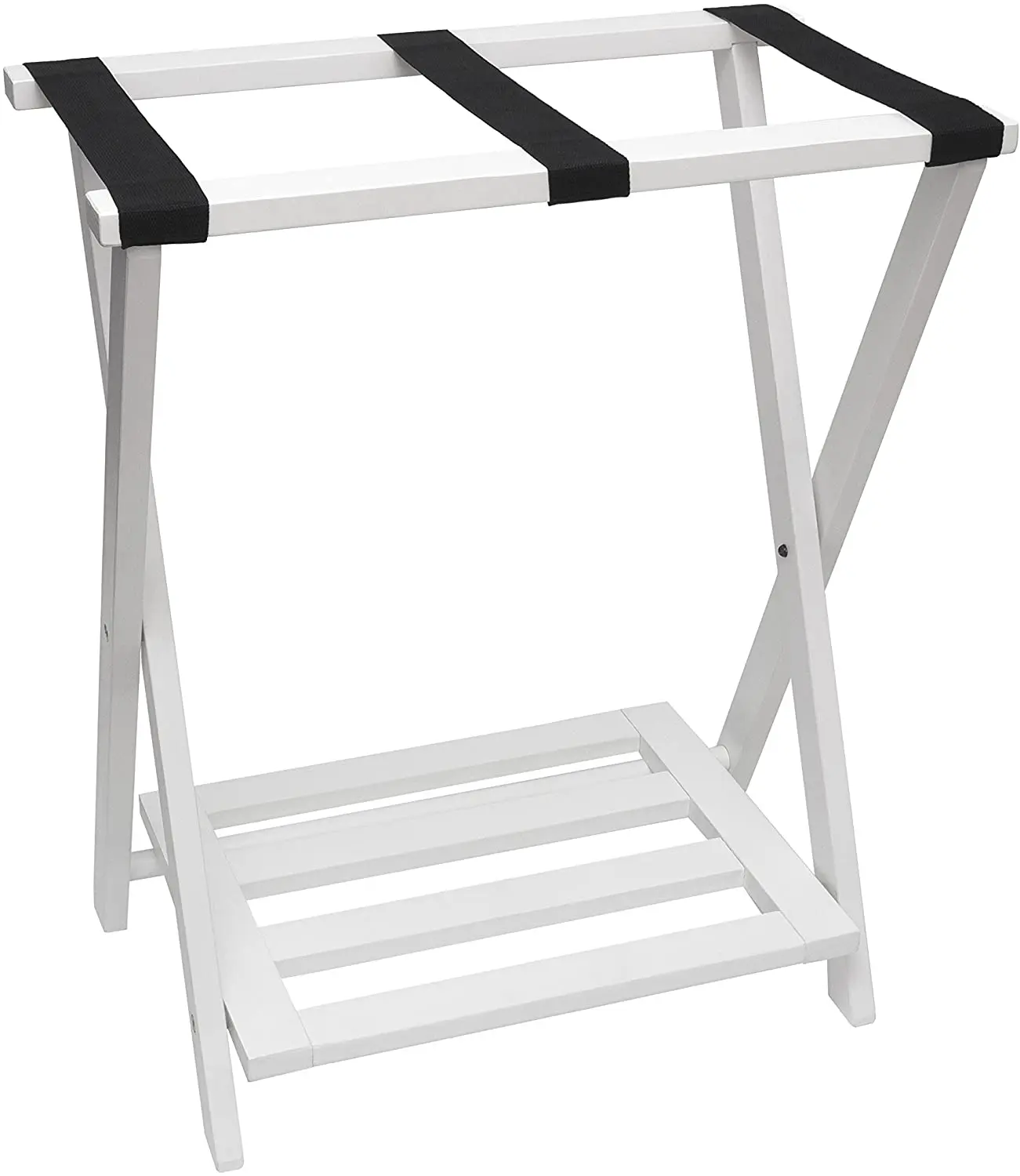 Right Height Folding Luggage Rack with Bottom Shelf, White Finish